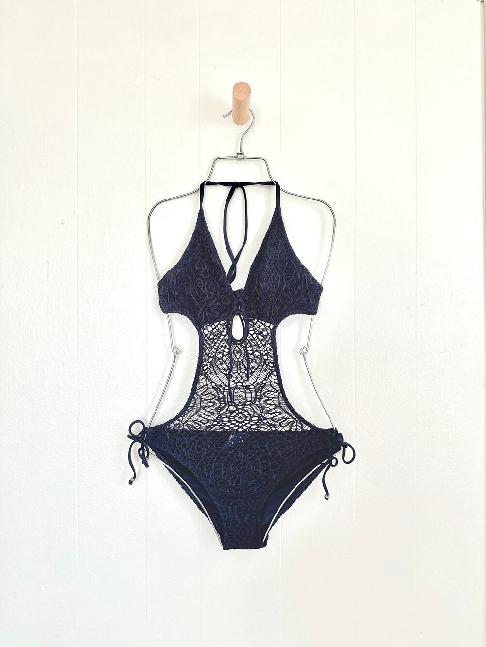 Ralph Lauren Black Crochet Monokini One Piece Swimsuit Cutout Halter XS NWOT